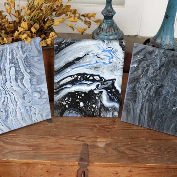 Set of Three Canvas Paintings * Set * Paint Pour * Blue / Black / White / Gray - Picture 1 of 7